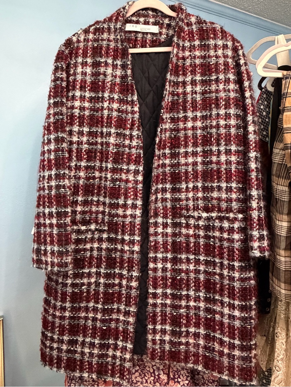 IRO Red and White Plaid Bouclé Open Coat